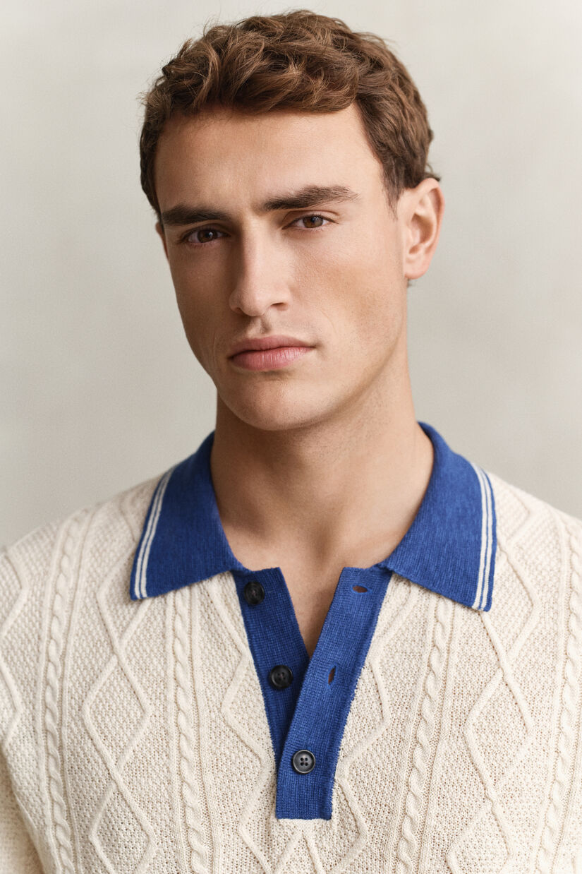 Pull fa&ccedil;on polo en maille torsad&eacute;e