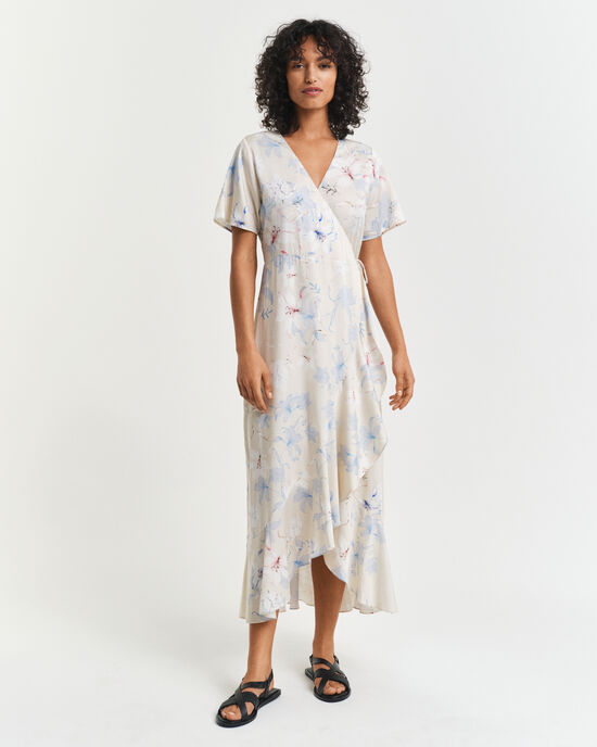 Robe portefeuille &agrave; manches courtes avec imprim&eacute; floral et volants