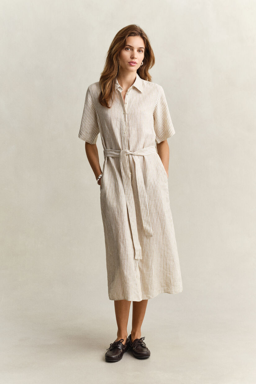 Robe-chemise en lin &agrave; rayures