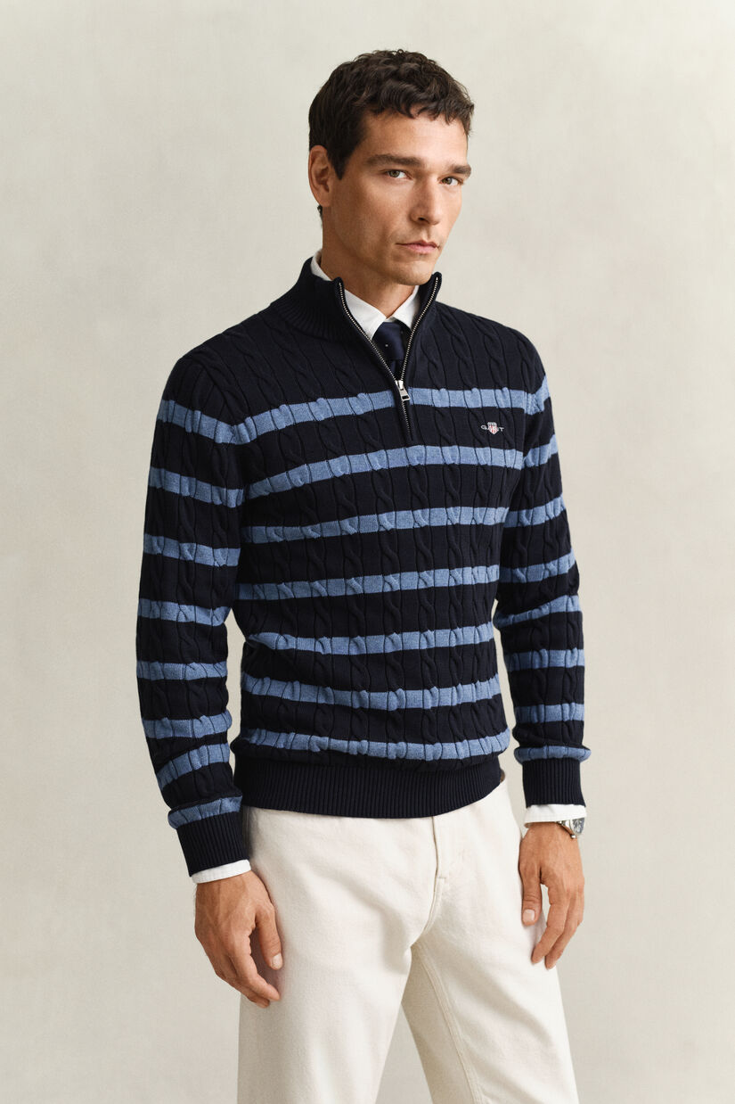Pull &agrave; demi-zip en maille de coton torsad&eacute;e &agrave; rayures
