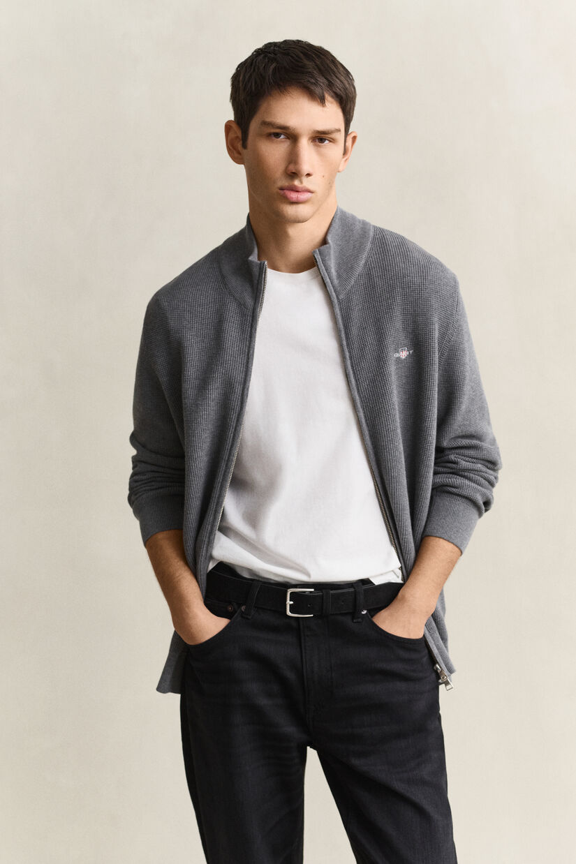 Cardigan zipp&eacute; en coton textur&eacute;