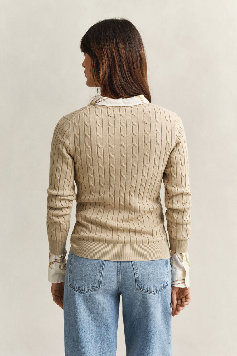 Pull col rond en maille de coton stretch &agrave; torsades
