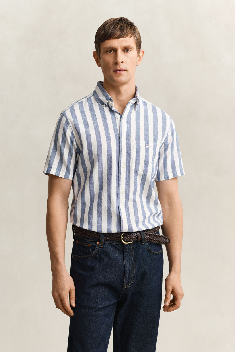 Chemise &agrave; manches courtes en lin m&eacute;lang&eacute; &agrave; rayures