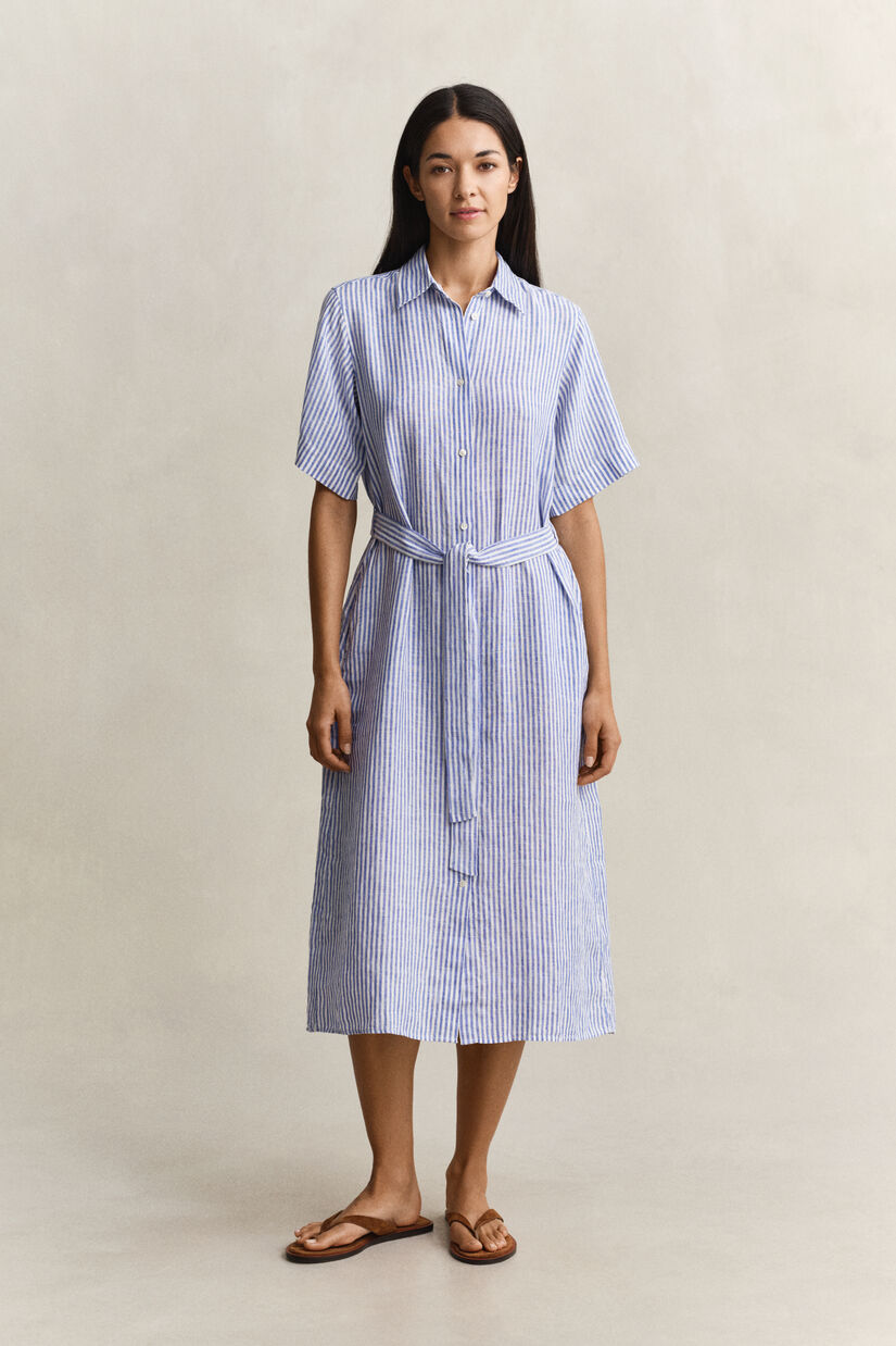 Robe-chemise en lin &agrave; rayures