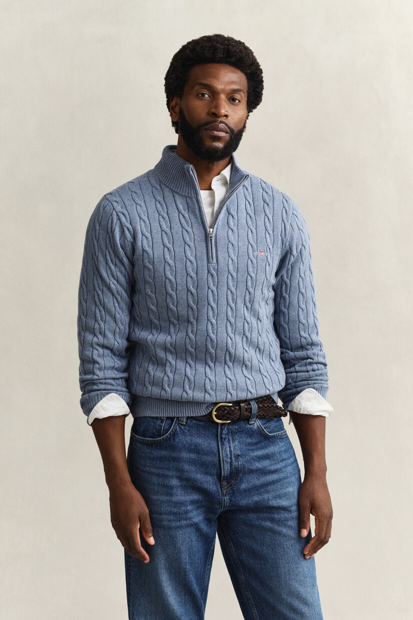 Pull &agrave; demi-zip en maille de coton torsad&eacute;e