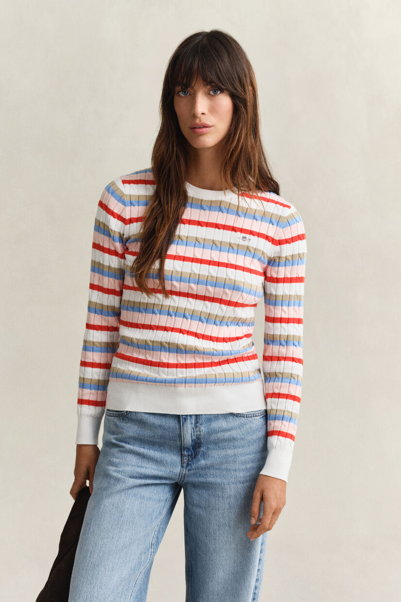 Pull col rond en maille torsad&eacute;e &agrave; rayures