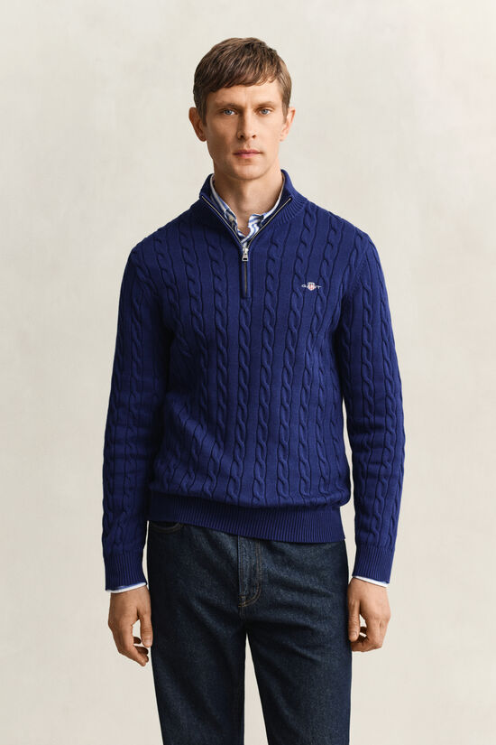 Pull &agrave; demi-zip en maille de coton torsad&eacute;e