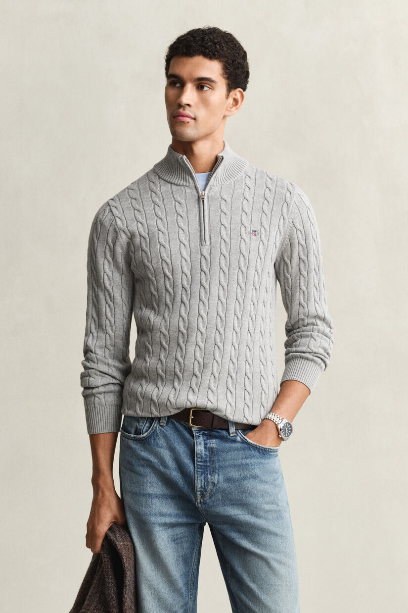 Pull &agrave; demi-zip en maille de coton torsad&eacute;e