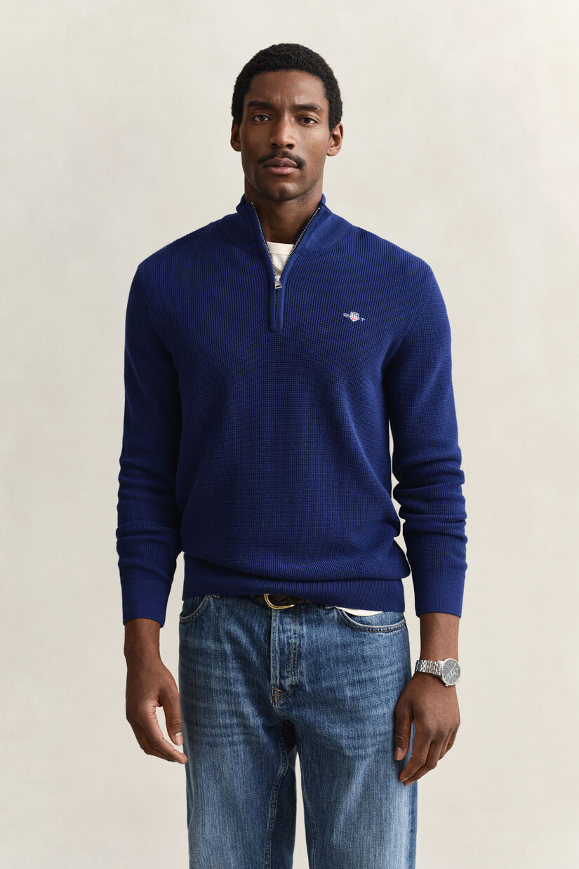Pull &agrave; demi-zip en coton textur&eacute;