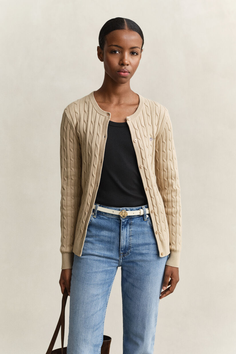 Cardigan en maille de coton stretch &agrave; torsades