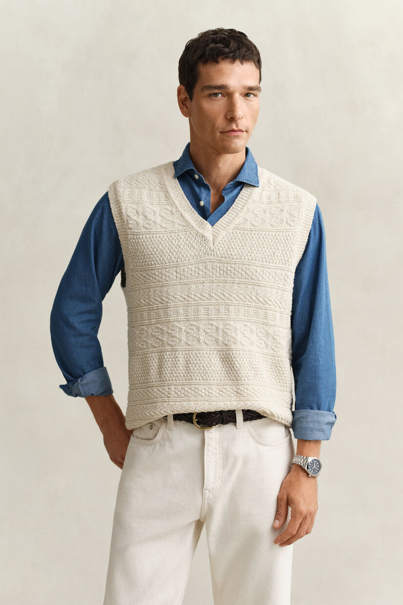Pull sans manches en coton m&eacute;lang&eacute; textur&eacute;