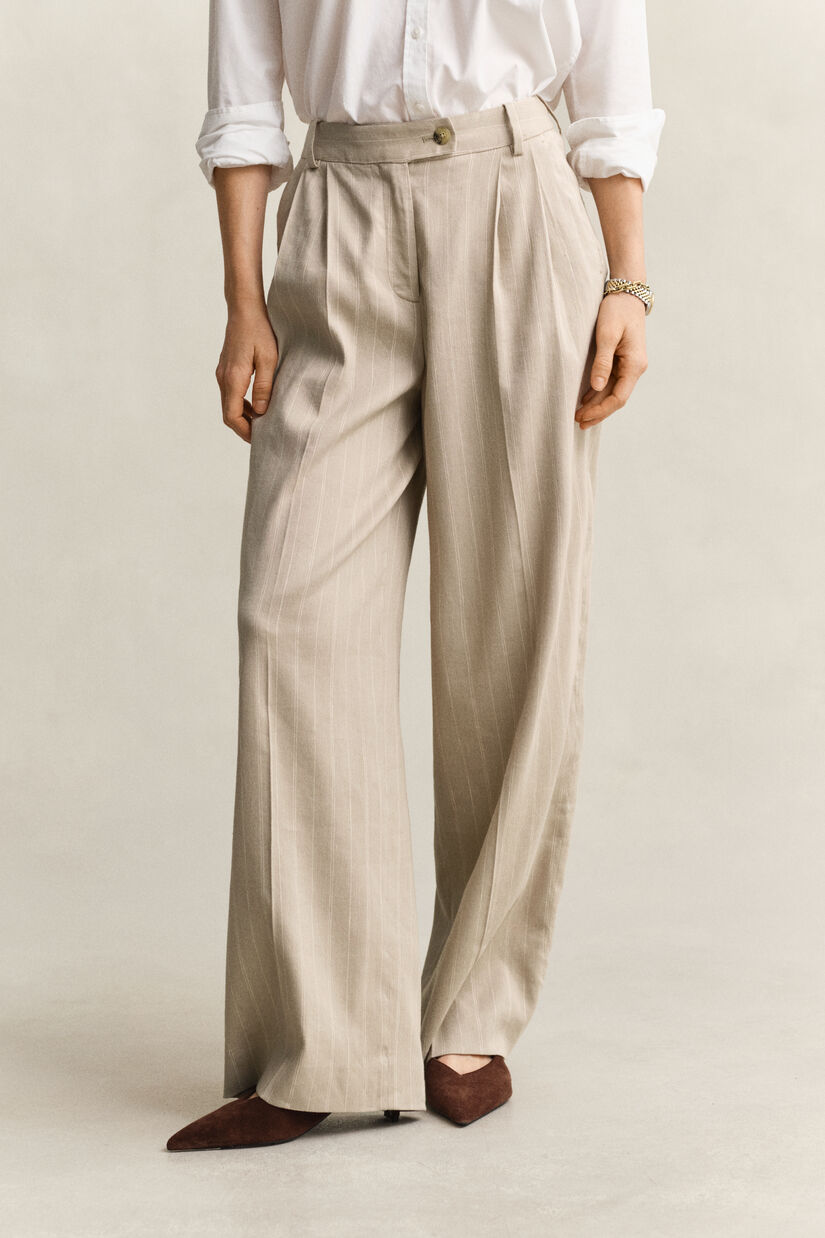 Pantalon en lin m&eacute;lang&eacute; &agrave; rayures tennis